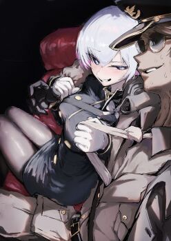 1boy 1girl aiguillette assertive_female blue_eyes breasts broken_arm brown_hair buttons clothes_grab commentary dress english_commentary gloves goddess_of_victory:_nikke grabbing_another's_arm hat highres large_breasts liliweiss_(nikke) long_sleeves looking_at_another military_uniform multicolored_hair naughty_face necktie necktie_grab neckwear_grab nervous_sweating open_mouth pantyhose pink_hair shiny_eyes short_hair smile star-shaped_pupils star_(symbol) sunglasses sweat symbol-shaped_pupils the_legendary_commander_(nikke) thenami tight_clothes tight_dress white_gloves white_hair