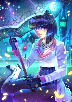 Rule 34 | 1girl, artist logo, bishoujo senshi sailor moon, black gloves, black hair, black pants, boots, breasts, broken moon, cherry in the sun, cleavage, clip studio paint (medium), collarbone, commentary, cosplay, cropped jacket, crossover, english commentary, gloves, high heel boots, high heels, holding, holding umbrella, jacket, jewelry, knee boots, logo, medium hair, moon, multiple necklaces, necklace, neopolitan (rwby), neopolitan (rwby) (cosplay), night, pants, purple eyes, rwby, sitting, solo, star (sky), tomoe hotaru, umbrella, white jacket, yokozuwari