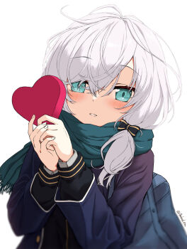 1girl ars_almal ars_almal_(4th_costume) bag blazer blue_eyes blue_jacket blush bow candy chocolate chocolate_heart food green_scarf hair_between_eyes hair_bow hair_over_one_eye heart heart-shaped_food highres holding holding_chocolate holding_food jacket long_hair long_sleeves looking_at_viewer low_twintails nijisanji parted_lips ribbon scarf school_bag smile solo tatami_kami twintails twitter_username upper_body valentine virtual_youtuber white_background white_hair winter_clothes