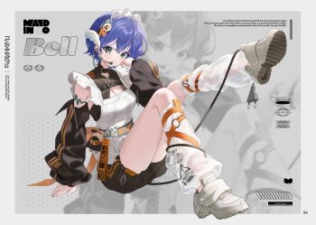 1girl absurdres alternate_costume arm_support belle_(zenless_zone_zero) blue_hair border breasts brown_shirt brown_shorts cleavage cleavage_cutout clothing_cutout commentary_request detached_sleeves earpiece electric_plug green_eyes grey_background grey_shoes highres leg_up leg_warmers looking_at_viewer medium_breasts mumu_0221 shirt shoes short_hair shorts sitting solo white_border zenless_zone_zero zoom_layer