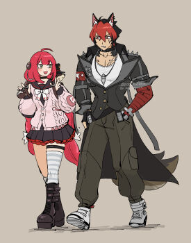 Rule 34 | 1boy, 1girl, ahoge, animal ear fluff, animal ear piercing, animal ears, animal on back, black hair, black jacket, black sailor collar, blush, braid, braided twintails, brown background, cardigan, chest bow, collarbone, couple, crossed bangs, dog boy, dog ears, dog tail, full body, green eyes, green pants, hair between eyes, hair ornament, hand in pocket, hearing aid, highres, jacket, kamanosuke (zenless zone zero), komano manato, long hair, looking at another, multicolored hair, multiple scars, muscular, muscular male, open mouth, pants, parted lips, pectorals, pink cardigan, popochi fuwa, raccoon, red bandage, red eyes, red hair, sailor collar, scar, scar across eye, scar on chest, scar on face, shirt, shoes, short hair, simple background, sphere hair ornament, spiked jacket, tail, tanuki, ukinami yuzuha, v-shaped eyebrows, white shirt, white shoes, zenless zone zero