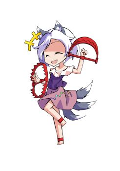 1girl animal_ears anklet arm_up barefoot bear_trap chibi chibi_only closed_eyes commentary_request dairi dog_ears dog_tail full_body grey_hair jewelry large_variant_set mitsugashira_enoko multiple_tails purple_shirt shirt short_hair short_sleeves simple_background skirt solo tachi-e tail touhou transparent_background variant_set