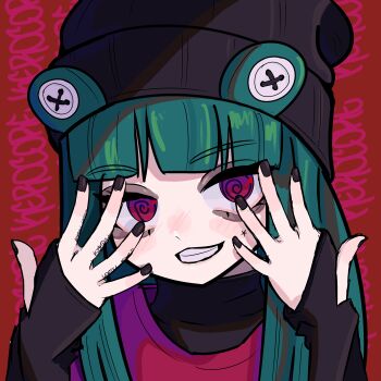 @_@ absurdres artist_self-insert beanie black_nails clothing_cutout glove_cutout green_hair hat highres kerocore_ original red_eyes tagme tattoo