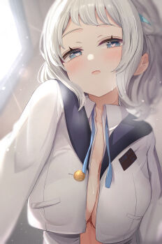 1girl absurdres blush breasts cleavage gakuen_idolmaster heart heart-shaped_pupils highres idolmaster katsuragi_lilja large_breasts looking_at_viewer open_clothes sky_cappuccino solo symbol-shaped_pupils