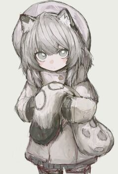 1girl aged_down animal_ear_fluff animal_ears arknights bright_pupils commentary cowboy_shot grey_background grey_eyes grey_hair grey_hat grey_tail grey_theme hat highres hugging_own_tail hugging_tail jacket long_sleeves looking_at_viewer medium_hair piennamekuzi pramanix_(arknights) simple_background sketch solo standing tail turtleneck turtleneck_jacket white_pupils