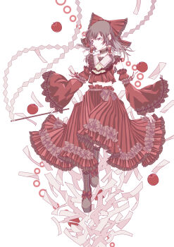 Rule 34 | 1girl, absurdres, adapted costume, apple, ascot, black choker, boots, bow, brown boots, brown eyes, brown hair, choker, commentary, detached sleeves, english commentary, food, footwear bow, frilled bow, frilled hair tubes, frills, fruit, full body, gohei, hair bow, hair tubes, hakurei reimu, highres, holding, holding gohei, long hair, red bow, red skirt, red sleeves, ribbon-trimmed sleeves, ribbon trim, skirt, skirt set, solo, touhou, yellow ascot, yodaka (hsytk12)