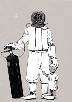 2boys boots child commentary_request diving_helmet diving_suit full_body gloves grey_background greyscale hand_on_another&#039;s_head helmet male_focus monochrome multiple_boys nagabe original oxygen_tank simple_background standard_diving_dress