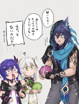 1girl 2girls :> ? animal_ears arm_tattoo arm_warmers bat_ears black_hair blue_eyes cabbage child closed_mouth commentary_request dress fingerless_gloves fingernails flying_sweatdrops food genshin_impact gloves green_eyes green_hair grey_background grey_hair hair_between_eyes hair_intakes hair_ornament hand_tattoo height_difference heterochromia highres holding holding_food holding_vegetable hood hood_up looking_at_another multicolored_hair multiple_girls nahida_(genshin_impact) nail_polish open_mouth ororon_(genshin_impact) pants pink_eyes prune_(genshin_impact) purple_hair purple_nails scarf shouting simple_background smile spikes standing streaked_hair tama_(tamathersky) tattoo torn_clothes torn_pants translation_request two-tone_hair vegetable vest