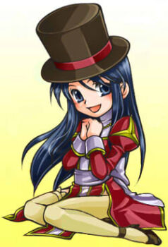 Rule 34 | 1girl, 2000s (style), black shoes, blue eyes, blue hair, brown hat, commentary request, dress, full body, grey dress, grey sash, hat, high priest (ragnarok online), juliet sleeves, long hair, long sleeves, looking at viewer, lowres, open mouth, own hands together, puffy sleeves, ragnarok online, red dress, shoes, sitting, smile, solo, thighhighs, top hat, two-tone dress, uka (kikarosso25), yellow background, yellow thighhighs
