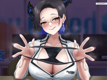 1girl :q absurdres black_hair blue_hair breasts cleavage demon_horns desk earrings highres holding holding_panties holding_underwear holding_unworn_clothes hololive hololive_english horns indoors jewelry large_breasts looking_at_viewer mole mole_under_eye multicolored_hair necklace nerissa_ravencroft nerissa_ravencroft_(casual) office official_alternate_costume official_alternate_hair_length official_alternate_hairstyle oodnap panties red_eyes red_nails short_hair solo tongue tongue_out two-tone_hair underwear virtual_youtuber