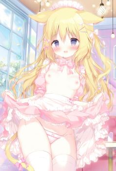 1girl animal_ear_fluff animal_ears blonde_hair blush bow bow_panties breasts cat_ears cat_girl cat_tail commentary_request day detached_sleeves female_focus frilled_skirt frills grey_eyes hair_between_eyes hair_ornament hairclip indoors loli long_hair nipples original panties pink_bow pink_panties pink_skirt pink_sleeves pleated_skirt puffy_short_sleeves puffy_sleeves shiratama_(shiratamaco) short_sleeves side-tie_panties skirt small_breasts solo standing tail tail_bow tail_ornament thighhighs underwear untied_panties very_long_hair white_thighhighs window wrist_cuffs