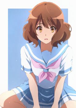 1girl anime_coloring blue_background blue_sailor_collar blue_skirt border brown_eyes brown_hair collarbone commentary hair_between_eyes hibike!_euphonium highres kitauji_high_school_uniform looking_at_viewer neckerchief open_mouth oumae_kumiko outside_border pink_neckerchief pleated_skirt sailor_collar school_uniform serafuku shirt short_hair short_sleeves simple_background sitting skirt solo straight-on summer_uniform usagihop wavy_hair white_border white_shirt