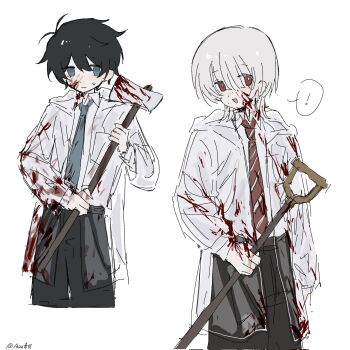 2boys akinashi_haru axe black_hair blood blood_on_axe blood_on_clothes blood_on_face blue_necktie coat commentary_request cowboy_shot guzi15613491 highres holding holding_axe holding_shovel male_focus multiple_boys necktie open_clothes open_coat pants raincoat red_eyes red_necktie saihate_eki see-through_clothes see-through_raincoat short_hair shovel simple_background tatsunami_shion white_background white_hair