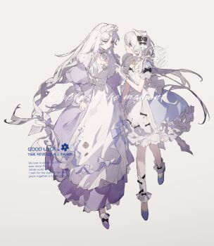 Rule 34 | 2girls, absurdres, black bow, bow, braid, choker, closed mouth, collarbone, dress, full body, gloves, hair ornament, high heels, highres, juliet sleeves, long hair, long sleeves, looking at another, multiple girls, original, parted bangs, profile, puffy sleeves, purple dress, purple eyes, shen a fang, short sleeves, sidelocks, simple background, two-tone dress, watermark, white background, white gloves, white hair