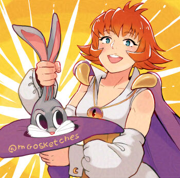 Rule 34 | 1boy, 1girl, :d, absurdres, animal ears, black eyes, blue eyes, bodysuit, bugs bunny, capcom, cape, detached sleeves, hair between eyes, hat, highres, jewelry, looney tunes, mango (mgosketches), open mouth, pendant, purple cape, rabbit, rabbit ears, red hair, short hair, smile, tabasa, whiskers, white bodysuit, witch, witch hat