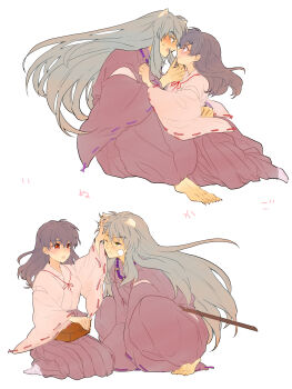 1boy 1girl animal_ears bandaid bandaid_on_face barefoot bead_necklace beads blush box breasts brown_hair couple dog_boy dog_ears fingernails full_body grey_hair hair_between_eyes hakama hand_in_another&#039;s_hair hand_on_another&#039;s_chin haramura_(e2ismus715) hetero highres higurashi_kagome holding holding_box inuyasha inuyasha_(character) japanese_clothes jewelry kneeling long_hair medium_breasts miko multiple_views necklace one_eye_closed open_mouth red_eyes red_hakama red_shirt sharp_fingernails sharp_toenails sheath shirt sweatdrop toenails tooth_necklace white_background white_shirt yellow_eyes