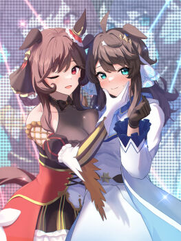 1girl ahoge animal_ears black_hair blue_eyes breasts commentary_request daring_tact_(umamusume) detached_sleeves gentildonna_(umamusume) gloves hair_ornament highres horse_girl jacket kashmir_0808 large_breasts looking_at_viewer medium_hair one_eye_closed open_mouth red_eyes ribbon screen smile umamusume