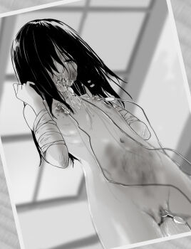 1girl alligator_clip bdsm blur_censor bondage bound bound_arms bruise bruise_on_face censored clitoris clitoris_piercing commentary_request cowboy_shot crying crying_with_eyes_open drooling flat_chest from_below greyscale hair_between_eyes hair_over_one_eye indoors injury loli long_hair monochrome mutsumura_ryuuichi navel nipple_piercing original photo_(object) piercing pussy pussy_juice pussy_piercing ring_piercing ryona saliva saliva_trail sidelocks skinny solo stomach tape tape_bondage tears tongue tongue_clamp tongue_out torture wire