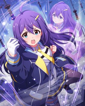 blue_eyes buttons cable card_(medium) cardigan clone collared_shirt controller game_cg game_controller ghost gloves hair_ornament hairclip holding idolmaster idolmaster_million_live! idolmaster_million_live!_theater_days jacket mochizuki_anna necktie official_art open_mouth purple_hair shirt single_glove single_thighhigh skirt thighhighs