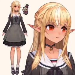 1girl alternate_costume animated artist_logo belt black_bow black_choker black_dress black_footwear black_headwear black_jacket black_ribbon black_skirt blonde_hair blush bow braid breasts character_name reference_sheet choker closed_mouth collarbone concept_art cropped_jacket dark-skinned_female dark_elf dark_skin dress elf facing_away french_braid frilled_dress frilled_skirt frills from_behind grey_belt grey_dress hair_ribbon hat high_belt hololive jacket jewelry kintsuba_(shiranui_flare) kneepits knees lack live2d logo long_hair long_sleeves looking_at_viewer looping_animation multiple_views official_alternate_costume official_art open_clothes open_jacket pinstripe_dress pinstripe_pattern pointy_ears red_eyes ribbon sailor_collar school_uniform shiranui_flare shiranui_flare_(street) shoes simple_background skirt smile socks standing striped tou_ilie video virtual_youtuber white_sailor_collar zipper_footwear zoom_layer
