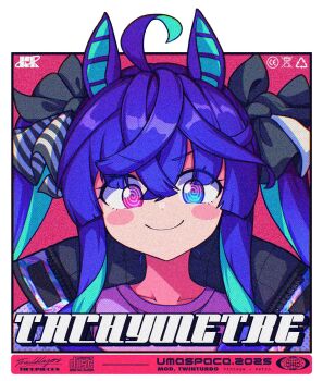 Rule 34 | 1girl, @ @, ahoge, animal ears, black bow, blue eyes, blue hair, blush stickers, border, bow, character name, closed mouth, collarbone, commentary, crossed bangs, hair between eyes, hair bow, heterochromia, highres, horse ears, horse girl, hrna, long hair, looking at viewer, outside border, pink eyes, portrait, purple shirt, red background, shirt, smile, solo, twin turbo (umamusume), umamusume, white border