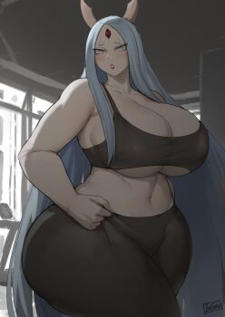 1girl :o alternate_body_build alternate_body_size alternate_breast_size_(larger) alternate_costume alternate_hair_color ass batako_(batakoart) belly black_legwear blue_hair blush breasts byakugan clothes colored_skin curvy day extra_eyes feet_out_of_frame female_focus highres hip_focus horns huge_ass huge_breasts indoors light_blush long_hair looking_at_viewer mature_female midriff naruto_(series) naruto_shippuuden navel ootsutsuki_kaguya open_mouth pale_skin parted_lips plump red_eyes red_lips rinnegan sharingan short_eyebrows solo stomach teeth thick_eyebrows thick_thighs thighs third_eye very_long_hair white_eyes white_horns wide_hips