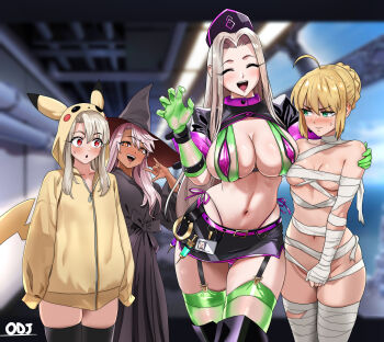 4girls absurdres ahoge artoria_pendragon_(fate) bandages bare_shoulders belt bikini black_boots black_dress black_hat black_skirt blonde_hair blush boots braid breasts chloe_von_einzbern cleavage closed_eyes cosplay dark-skinned_female dark_skin dress elbow_gloves fate/grand_order fate_(series) florence_nightingale_(fate) florence_nightingale_(trick_or_treatment)_(fate) florence_nightingale_(trick_or_treatment)_(fate)_(cosplay) garrison_cap gen_1_pokemon gloves green_bikini green_eyes green_gloves green_thighhighs hair_bun hat highres hood hoodie illyasviel_von_einzbern irisviel_von_einzbern large_breasts layered_bikini long_hair long_sleeves looking_at_viewer looking_to_the_side medium_breasts miniskirt multiple_girls mummy_costume naked_bandage navel nintendo oldmanjenkins84 open_mouth orange_eyes parted_bangs pikachu pikachu_(cosplay) pikachu_hood pikachu_tail pink_hair pokemon pokemon_tail purple_belt purple_bikini red_eyes revealing_clothes saber_(fate) short_sleeves shrug_(clothing) sidelocks skirt small_breasts smile swimsuit tail thigh_boots thighhighs thighhighs_under_boots thighs white_hair witch_hat yellow_hoodie