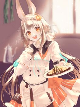 1girl animal_ears arknights brown_hair dress frilled_hairband frills grey_hair hairband highres long_hair long_sleeves looking_at_viewer mitumi_ci open_mouth orange_eyes rabbit_ears rabbit_girl ribbon shirt smile solo warmy_(arknights)
