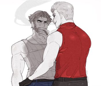 2boys arm_hair back belt black_gloves blue_pants blush chest_hair cigar deadpool facial_hair gloves hashtag-only_commentary k4nc_wolverine looking_at_another male_focus marvel multiple_boys muscular muscular_male pants pectorals short_hair sleeveless smile smoke smoking tank_top twitter_username wolverine_(x-men) x-men x-men_film_series x-men_origins:_wolverine yaoi