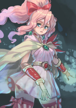 1girl aged_up belt bow cape choker closed_mouth dress earrings final_fantasy final_fantasy_iv final_fantasy_iv:_the_after_years hair_bow jewelry kuwango long_hair looking_at_viewer pink_hair ponytail porom porom_(adult) skirt solo thighhighs