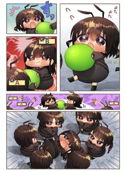 6+girls :o ant_girl antennae arthropod_girl black_dress blush brown_eyes brown_hair chibi chibi_only closed_mouth commentary_request dress flying_sweatdrops food hair_between_eyes harumina_mau highres holding holding_food long_sleeves multiple_girls open_mouth original short_hair smile yurie_mouth