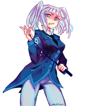 Rule 34 | 1girl, bad link, blue coat, blue eyes, blue hair, blue pants, blunt bangs, bullfinch, buttons, clenched teeth, coat, collared shirt, cowboy shot, cube hair ornament, disgust, double-breasted, frilled shirt collar, frills, hair ornament, highres, holding, holding whip, long hair, long sleeves, looking at viewer, narrowed eyes, necktie, pants, parted lips, personification, rkn-chan, roskomnadzor, shirt, simple background, solo, teeth, twintails, whip, white background