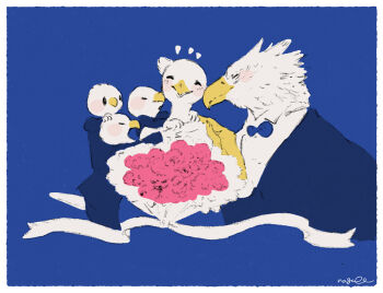 1girl 4boys bird_boy bird_girl blue_background blue_bow blue_bowtie blue_suit blush bow bowtie child closed_eyes eagle_boy family feathers formal_clothes full_body furry furry_female furry_male multiple_boys nagabe nuzzle original simple_background suit tail upper_body white_feathers