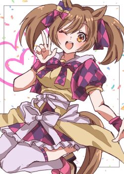 1girl animal_ears argyle_bow blush bow breasts brown_eyes brown_hair ear_ornament ear_scrunchie hair_between_eyes hair_bow hair_ornament horse_ears horse_girl horse_tail looking_at_viewer medium_hair multiple_hair_bows open_mouth pink_bow purple_bow purple_shirt riiko25chan shirt skirt smart_falcon_(umamusume) smile solo tail twintails umamusume