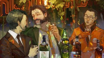 3boys absurdres alcohol beard black_eyes black_hair black_jacket black_necktie black_suit blazer blush bomber_jacket bottle brown_hair collared_shirt commentary cup disco_elysium drunk english_commentary facial_hair formal_clothes glasses gloves grin half-closed_eyes hand_up harry_du_bois highres holding holding_cup jacket jean_vicquemare kim_kitsuragi kozmoraven1610 lens_flare looking_at_another male_focus multiple_boys necktie night nose_blush orange_gloves orange_jacket outdoors parted_lips plant shirt short_hair smile suit upper_body variant_set white_shirt yellow_necktie