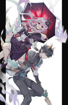 1boy 1girl absurdres black_hair commentary dan_heng_(honkai:_star_rail) dan_heng_(permansor_terrae)_(honkai:_star_rail) dragon_boy dragon_horns dragon_tail dress english_commentary evernight_(honkai:_star_rail) flower gauntlets gloves green_eyes hadanugi_dousa hair_flower hair_ornament hairclip highres holding holding_polearm holding_umbrella holding_weapon honkai:_star_rail honkai_(series) horns layered_dress long_hair low_ponytail lowah march_7th_(honkai:_star_rail) open_kimono pants parallel_hairclips pink_hair pointy_ears polearm ponytail red_eyes shoes smile tail tassel umbrella very_long_hair weapon