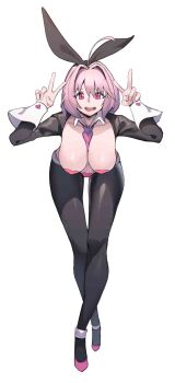 1girl absurdres bent_over black_bow black_pantyhose black_shrug bow breasts cacaco crotchless crotchless_pantyhose double_v fang full_body hair_bow hair_intakes hands_up heart_maebari heart_pasties highres idolmaster idolmaster_cinderella_girls large_breasts looking_at_viewer maebari open_mouth pantyhose pasties pink_eyes pink_hair reverse_bunnysuit reverse_outfit shrug_(clothing) simple_background solo standing v white_background yumemi_riamu