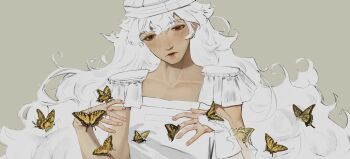 1other androgynous armor braid breastplate bridal_gauntlets brown_background bug butterfly collared_shirt epaulettes eyelashes fingernails happy hatsburg headband highres insect len&#039;en long_hair messy_hair other_focus realistic red_eyes shirt simple_background single_bare_arm single_bridal_gauntlet solo taira_no_fumikado upper_body very_long_hair white_theme yellow_butterfly