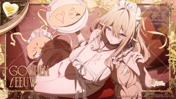 1girl apron azur_lane blonde_hair blush breasts cleavage collarbone commentary elf frilled_hairband frills gouden_leeuw_(an_intimate_cleaning)_(azur_lane) gouden_leeuw_(azur_lane) hair_between_eyes hairband heart highres holding holding_plate holding_spoon huge_breasts jewelry long_hair looking_at_viewer manjuu_(azur_lane) mole mole_under_eye necklace official_alternate_costume official_art parted_lips plate pointy_ears purple_eyes sidelocks spoon thighs very_long_hair white_apron yostar