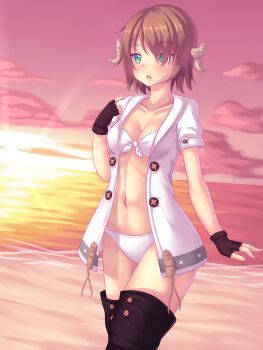 10s 1girl :o arm_at_side artist_self-insert au_ra beach bikini black_boots black_gloves black_thighhighs blush boots breasts brown_hair buttons cleavage cloud collarbone cowboy_shot evening female_focus final_fantasy final_fantasy_xiv fingerless_gloves front-tie_bikini_top front-tie_top gloves green_eyes hair_over_one_eye highres horizon horns light_rays medium_breasts navel nottytiffy ocean open_clothes open_mouth open_shirt original outdoors pink_sky pointing pointing_at_self ribbon sand shirt shore short_sleeves sky solo stomach sunbeam sunlight sunset swimsuit thigh_boots thighhighs warrior_of_light_(ff14) water white_bikini white_ribbon white_shirt