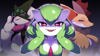 +_+ 3girls animal_ear_fluff animal_ears animal_nose blush bob_cut body_fur breasts cat_girl closed_mouth collarbone colored_skin delphox female_focus fox_ears fox_girl furry furry_female gardevoir gen_3_pokemon gen_6_pokemon glowing glowing_eyes grapeanime green_fur green_hair green_skin hair_between_eyes half-closed_eyes hand_up hands_on_own_cheeks hands_on_own_face hands_up happy highres looking_at_viewer medium_breasts meowscarada multicolored_fur multicolored_skin multiple_girls nintendo nose_blush open_mouth outline pokemon pokemon_(creature) purple_outline red_eyes red_fur shaded_face short_hair small_breasts smile snout straight-on teeth two-tone_skin white_fur white_skin yellow_fur