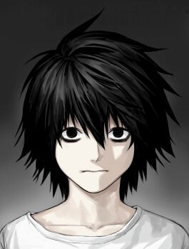 1boy aged_down bags_under_eyes black_background black_eyes black_hair child closed_mouth collarbone death_note gradient_hair hair_between_eyes highres l_(death_note) lips male_focus multicolored_hair portrait shirt short_hair solo sso_s two-tone_background white_background white_shirt