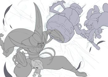 Rule 34 | battle, closed eyes, cowering, eyelashes, gen 5 pokemon, hammer, hands on own head, hashtag-only commentary, holding, holding hammer, kingambit, lineart, long hair, monochrome, nintendo, open mouth, pawniard, pokemon, pokemon (creature), pokemon focus, smile, tinkaton, white background, wizter27