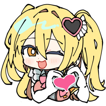 Rule 34 | 1girl, blonde hair, blush, bow, bowtie, don quixote (project moon), e.g.o (project moon), hair ornament, heart, heart hair ornament, heart hands, in the name of love and hate (e.g.o), limbus company, lobotomy corporation (identity) (project moon), long hair, one eye closed, open mouth, pinch (nesume), pink bow, pink bowtie, project moon, simple background, smile, solo, two side up, white background, yellow eyes