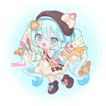 Rule 34 | 1girl, :d, artist name, blue background, blue bow, blue dress, blue eyes, blue hair, blush, boots, bow, brown boots, brown hat, chibi, chibi only, commentary, cookie hair ornament, dot nose, double-parted bangs, dress, food-themed hair ornament, footwear bow, full body, hair between eyes, hair ornament, hat, hatsune miku, holding, holding tongs, lace-up boots, long hair, long sleeves, looking at viewer, milcah, musical note-themed food, necktie, open mouth, pantyhose, pink bow, pink necktie, short necktie, smile, solo, standing, standing on one leg, striped clothes, striped pantyhose, tongs, twintails, vocaloid, white pantyhose, wide sleeves, yuki miku, yuki miku (2026)