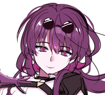 1girl black_jacket breasts eyewear_on_head hair_between_eyes highres honkai:_star_rail honkai_(series) jacket kafka_(honkai:_star_rail) long_hair long_sleeves looking_at_viewer nrec_nr purple_eyes purple_hair round_eyewear shirt smile solo sunglasses white_shirt