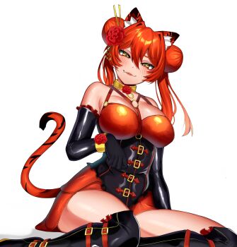 1girl absurdres animal_ears bare_shoulders black_boots black_corset black_gloves blush boots breasts closed_mouth commentary commission corset double-parted_bangs double_bun dress elbow_gloves english_commentary fang fang_out flower gloves hair_between_eyes hair_bun hair_flower hair_ornament highres large_breasts leiden_yaegore long_hair looking_at_viewer orange_dress orange_hair original red_flower simple_background sitting smile solo tail thigh_boots tiger_ears tiger_girl tiger_tail white_background yellow_eyes yokozuwari