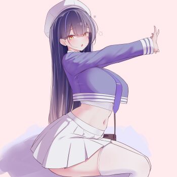 1girl absurdres bag blue_hair blue_necktie blue_streaks blue_trim blush breasts brown_bag commentary crop_top from_side hair_between_eyes hat highres large_breasts lilpa long_hair long_sleeves multicolored_hair navel necktie open_mouth outstretched_arms pink_background pleated_skirt rapid17 shirt shoulder_bag sitting skirt streaked_hair stretching teeth thighhighs turning_head upper_teeth_only very_long_hair virtual_youtuber waktaverse white_hat white_skirt white_thighhighs yellow_eyes