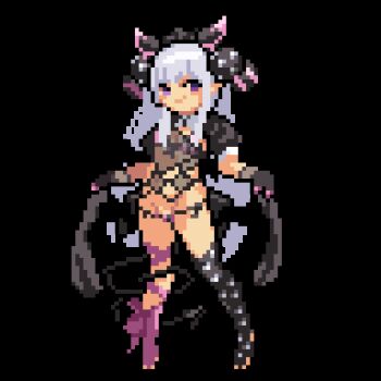 1girl 2023 animated animated_gif asymmetrical_legwear ball bat_wings black_bonnet black_bow black_cape black_panties black_sleeves black_thighhighs blunt_bangs bonnet bow bow_legwear breasts cape ccryupixel clothes_pull collar commentary deborah_(under_the_witch) demon_girl demon_tail detached_collar detached_sleeves female_focus fishnet_gloves fishnets full_body gloves groin hair_ornament headgear idle_animation juliet_sleeves laughing loli long_sleeves looking_at_viewer multiple_views navel numericgazer o-ring official_art open_mouth panties pink_nails pink_ribbon pixel_art plantar_flexion polka_dot prehensile_tail puffy_sleeves purple_eyes revealing_clothes ribbon ribbon-trimmed_legwear ribbon_trim see-through_clothes side-tie_panties simple_background small_breasts smile smug stirrup_legwear striped_clothes striped_panties tail tail_around_own_leg tareme thighhighs tiptoes toeless_legwear under_the_witch underwear waist_cape white_collar white_hair wings
