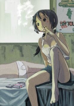 2girls 5afvb akira_(manga) arm_support bed bed_sheet black_eyes black_hair black_sclera black_shorts blanket blush_stickers camisole chito_(shoujo_shuumatsu_ryokou) cigarette cigarette_pack collarbone colored_sclera highres holding holding_cigarette knee_up looking_to_the_side lying multiple_girls no_pupils on_bed on_side panties poster print_panties shorts shoujo_shuumatsu_ryokou sitting sleeping smoking twintails underwear white_camisole white_panties yuuri_(shoujo_shuumatsu_ryokou)